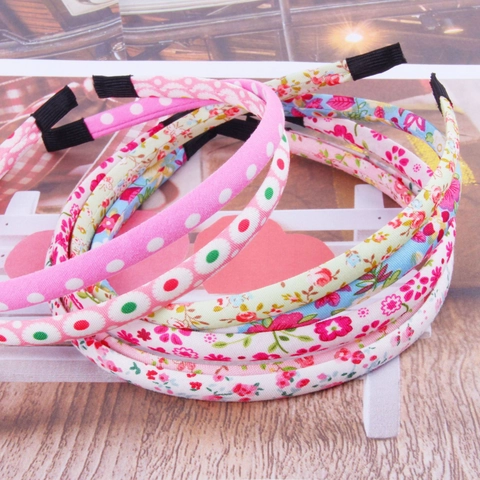 Kids Girls Fabric Wrapped Headbands Floral Polka Dot Striped Pattern Hairbands Sweet Pastoral Style Hair Hoops Soft End Protectors