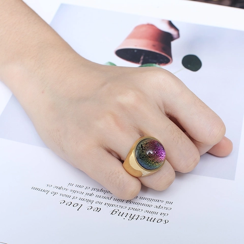 Mode Ring Oversized 316L Titanium Staal Verguld Met Kleurrijke Melkweg Glassteen Voor Vrouwen Vintage Overdreven