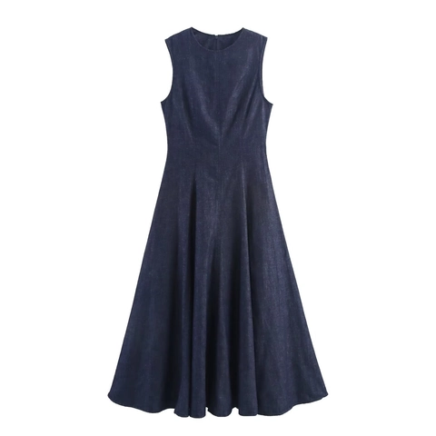 Women Denim Maxi Dress Sleeveless Round Neck A-Line Solid Color Casual Elegant Back Zipper