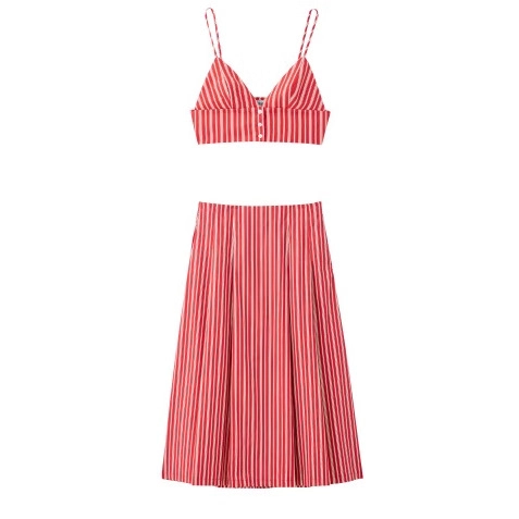 Top Corto Camicia A Righe E Gonna Midi Linea A Donna Righe Verticali Rosso Bianco Bottone Frontale Vacanze Estive