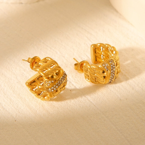 Pendientes De Aro Gruesos Acero Inoxidable Chapado En Oro 18K Eslabones Cadena Forma C Pavé Circonita Punk Hip Hop