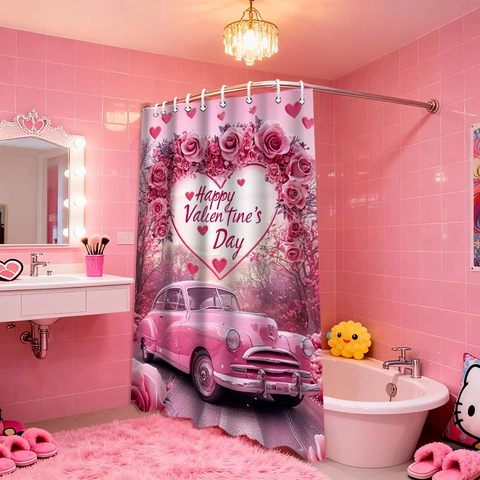 Cortina De Ducha Tela Poliéster Impermeable Tema San Valentín Coche Rosa Corazón Gato Negro Decorativo Para Baño