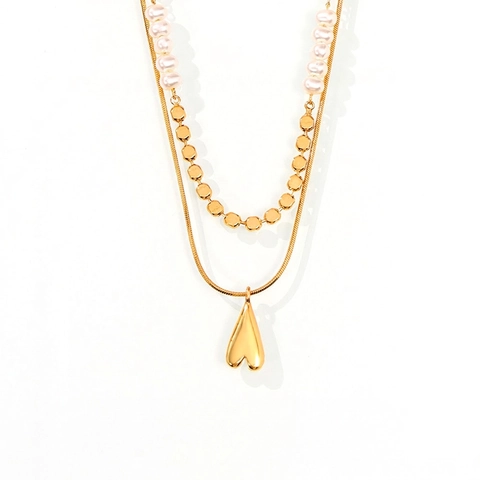 Collier Double Couche en Cuivre Élégant pour Femme Plaqué Or Perle Artificielle Chaîne Épissée Pendentif Cœur Minimaliste Bijoux de Mode