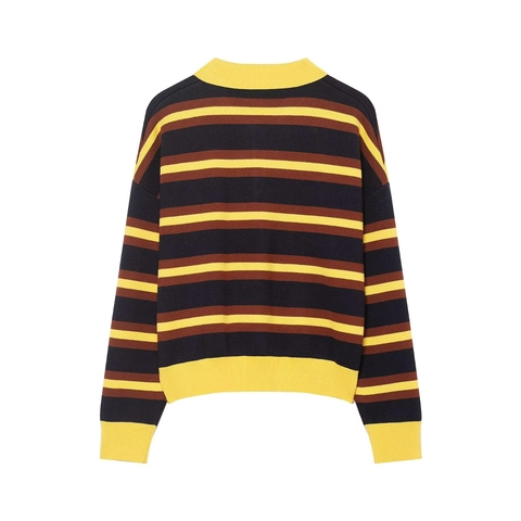Women Striped Polo Knit Sweater Long Sleeve Retro Colorblock Polyester Acrylic Blend Button Casual Pullover Top