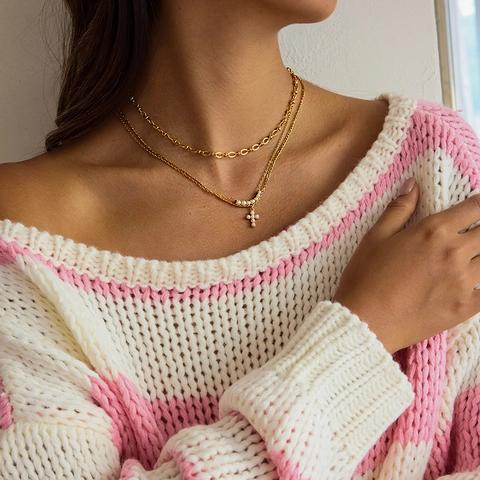 Collana Con Pendente A Croce Da Donna Acciaio Inossidabile Oro Doppio Strato Con Perla Artificial Sintetica Gioielli Impermeabili