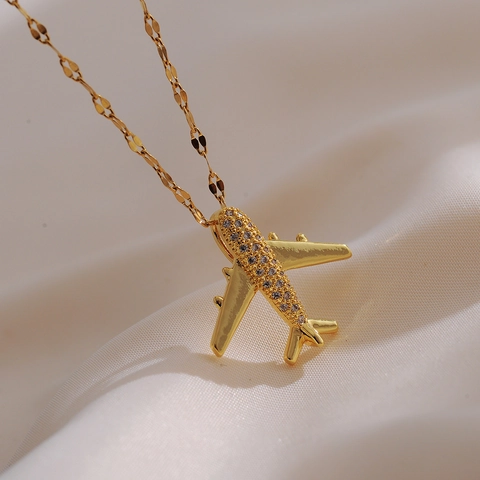 Mode Vergoldet Kupfer Flugzeug Anhänger Halskette Mit Pavé Strass Für Damen Minimalistische Schlüsselbeinkette Schmuck