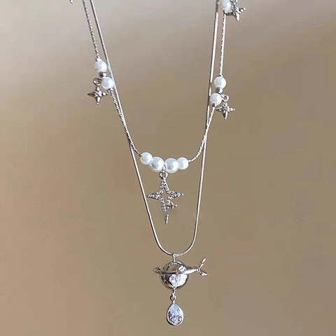 Collana Doppio Strato Con Perla Artificial Sintetica Stella E Ciondolo Pianeta Saturno Zircone Goccia Per Donna Gioielli Eleganti