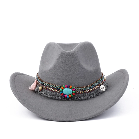 Retro Western Cowboy Hat Woolen Felt Wide Brim With Bull Head Metal Decor And Ethnic Woven Band For Outdoor Travel Party