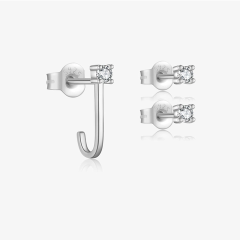 925 Sterling Silver Minimalist J Hook Stud Earrings Set For Women Round Rhinestone Geometric Fashion Jewelry