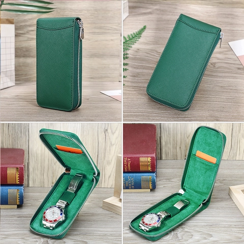 Custodia per Orologio Singolo in Pelle Saffiano Astuccio da Viaggio Portatile Con Cerniera e Fodera in Velluto