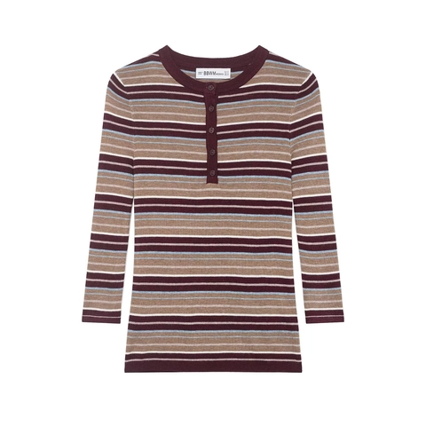Women Striped Knit Top Long Sleeve Henley Neck Button Contrast Color Ribbed Slim Fit Sweater