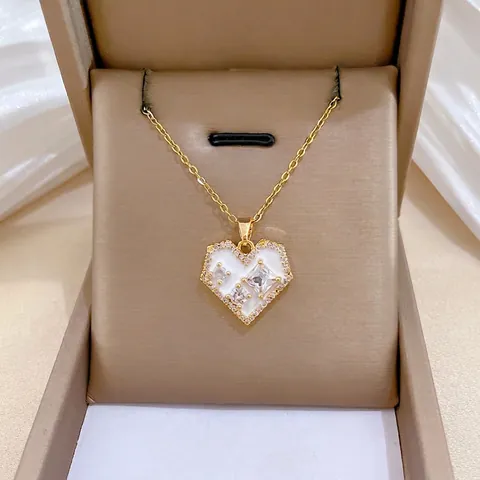 Collar Con Colgante De Corazón Blanco Para Mujeres Cadena De Acero Inoxidable Chapado En Oro Circonita Esmalte Joyería Elegante
