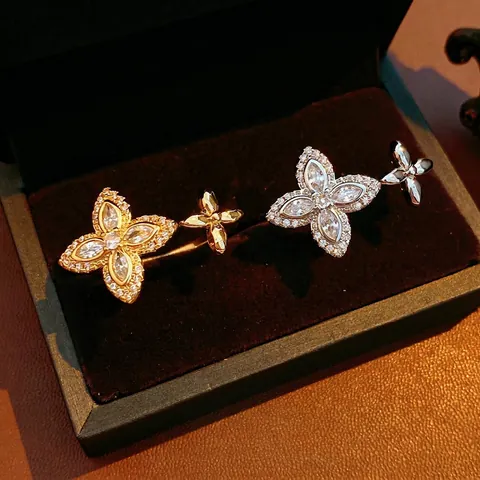 Open Ring Clover Flower Copper Zircon Marquise Adjustable Refined Elegant Luxury Fashion Accessory For Women
