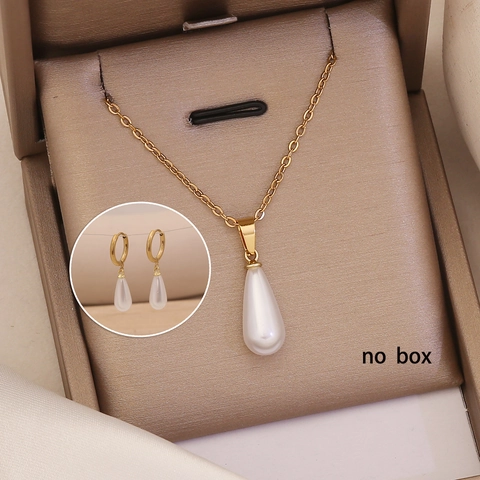 Stainless Steel Necklace And Earrings Jewelry With Gold Plated Imitation Artificial Pearl Pendants Minimalist Elegant For Women