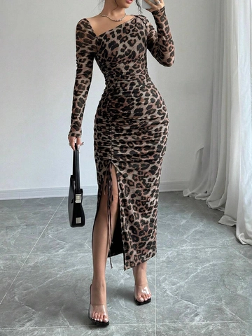 Women Leopard Print Maxi Dress Ruched Side Drawstring High Split Asymmetric One Shoulder Sexy Slim Long Sleeve