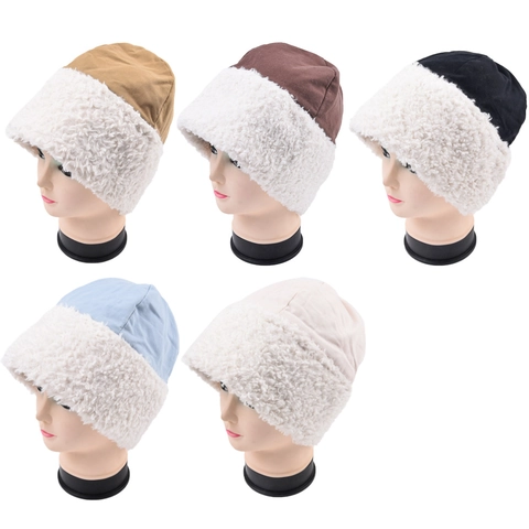 Women Winter Bucket Hat Faux Lamb Wool Cotton Warm Solid Color Simple Outdoor Fisherman Cap Autumn Plush Patchwork Hat