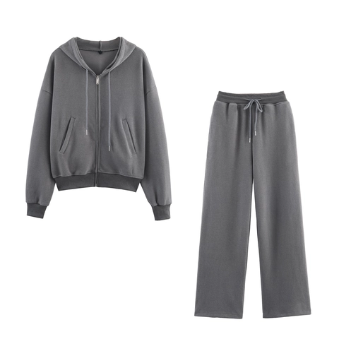 Women Two Piece Set Ribbed Knit Zip Up Hoodie And Wide Leg Pants Cotton Blend Casual Loungewear Streetwear Outfit