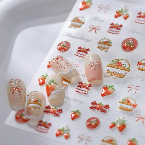 Autocollants Ongles Relief 3D Fraise Noeud Auto-adhésif Décalcomanies Gaufrées Style Doux Décoration Manucure