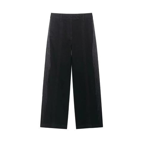 Damen Schwarz Hohe Taille Gerade Hose Mit Seitlichen Metallketten Fransen Mode Lässiger Rock Stil Polyester