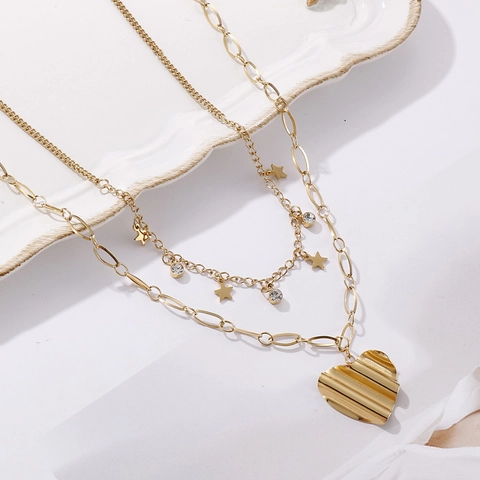 Double Layer Necklace Stainless Steel Irregular Heart Pendant Star Charm Zircon Inlaid Fashion Jewelry For Women