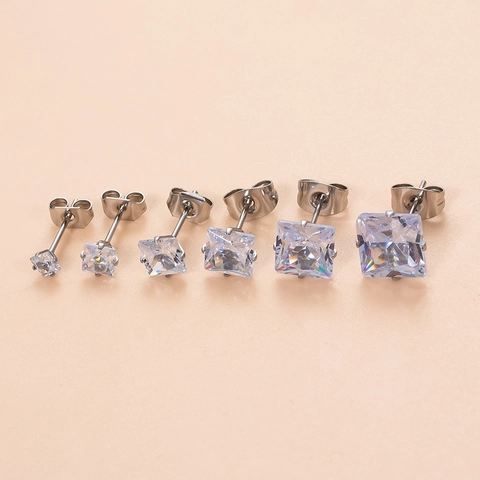 Pendientes De Botón Circonita Cuadrada Acero Inoxidable Corte Princesa Cuatro Garras Joyería Piercing Para Mujer Hombre