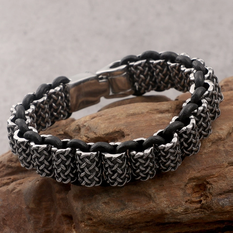 Herren Geflochtenes Armband Edelstahl Und Echtes Leder Retro Industrie Punk Stil Gewebter Schmuck Mit Poliertem Verschluss