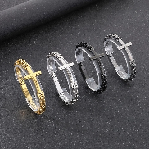 Bracciale Catena Bizantina Acciaio Inossidabile Con Ciondolo Croce Vintage Punk Rock Gioielli Religiosi Accessorio Hip Hop