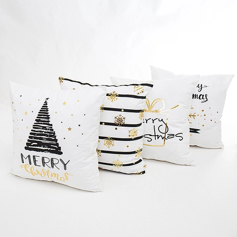 Fodere Per Cuscini Di Natale Bianco Oro Stampato Albero Di Natale Fiocco Di Neve Fodere Per Cuscini Poliestere Decorativo