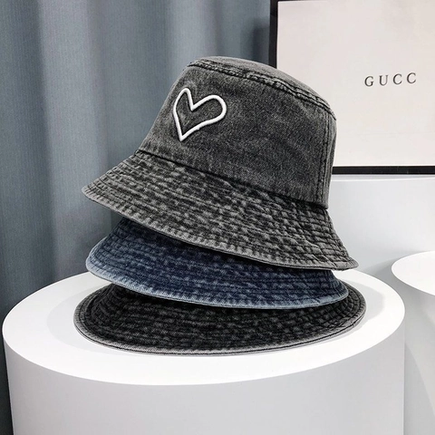 Heart Embroidery Washed Denim Bucket Hat Sun Protection Casual Vintage Streetwear Retro Soft Cotton Sun Hat Unisex