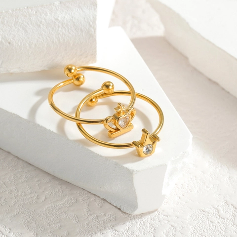 Roestvrij Staal Goud Kroon Open Ring Voor Vrouwen Minimalistisch Hart Rond Strass Verstelbare Vingerring Mode Sieraden