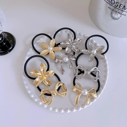 Elegant Metal Hair Ties Elastic Ponytail Holder Alloy Bow Flower Starfish Faux Artificial Pearl Commute Style For Women Girls
