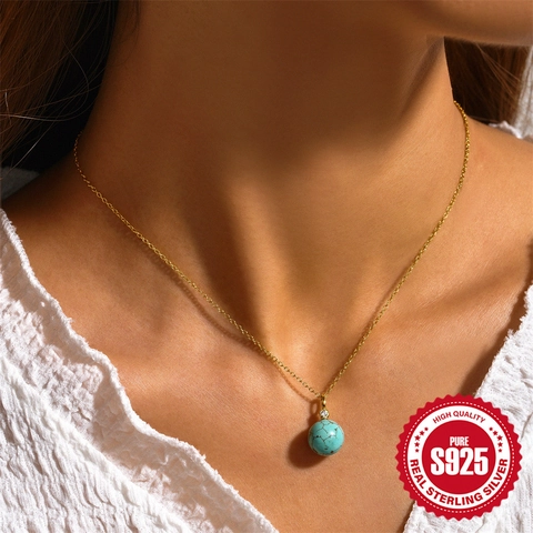 Elegante 925 Sterlingsilber Türkis Kugel Anhänger Halskette Für Damen Mode Vergoldet Zirkonia Eingelegt Choker Kette Schmuck