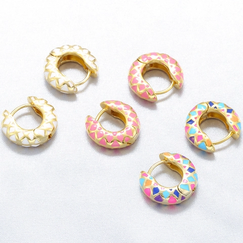 Geometric Rhombic Pattern Enamel Hoop Earrings Copper Gold Plated Colorful Mosaic Jewelry For Women
