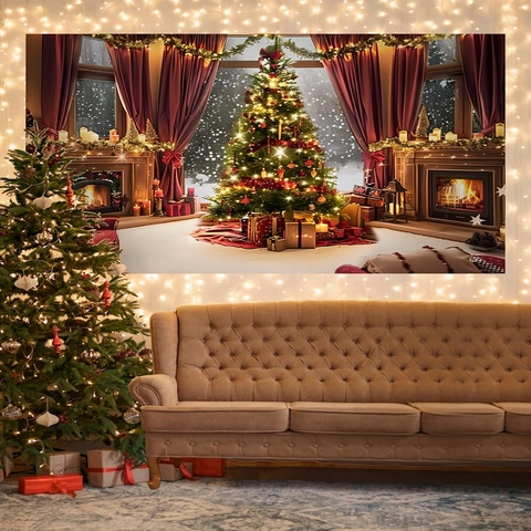 Sfondo Di Natale Tessuto Poliestere Camino Albero Vista Finestra Decorazione Festa Fotografia Sfondo Arazzo Festivo