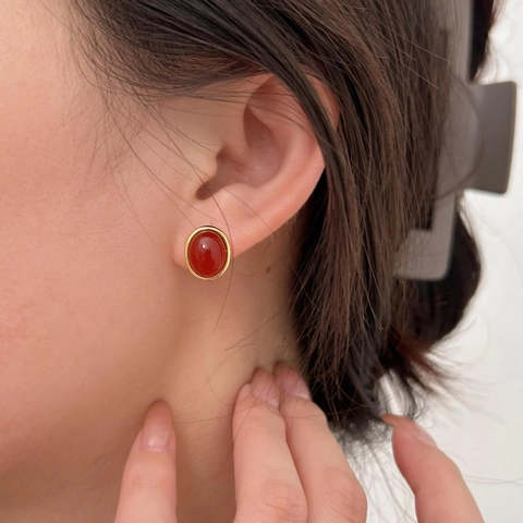 Orecchini A Lobo Vintage In Agata Rossa Con Perno In Argento Sterling 925 Placcato Oro 18K Ovali Gioielli Donna