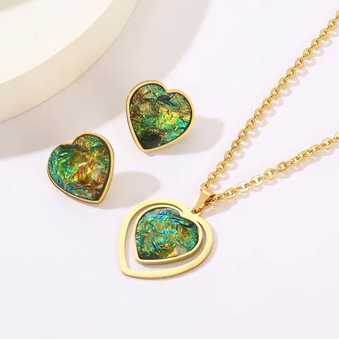 Gioielli Eleganti Da Donna In Acciaio Inossidabile Placcato Oro Resina Iridescente Strass Collana Cuore E Orecchini Retrò