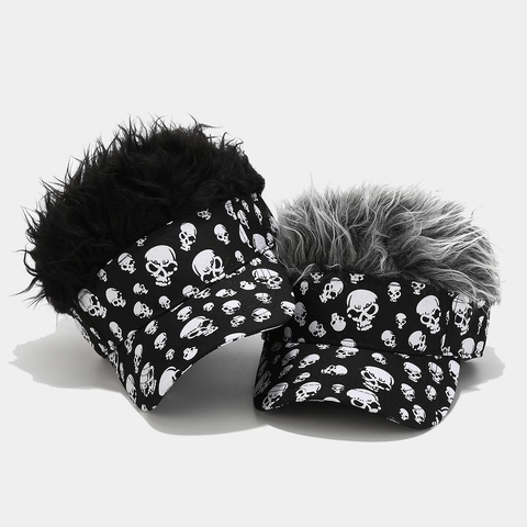Visiera Con Parrucca Sintetica A Punte Stampa Teschio Cotone Punk Streetwear Cappello Da Festa Regolabile Novità