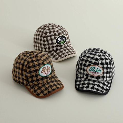 Casquette De Baseball À Carreaux Pour Enfants Chapeau En Laine Pied-de-poule Chaud Pour Automne Hiver Garçons Filles Réglable