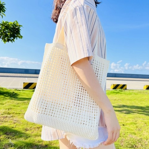 Women Knitted Tote Bag Hollow Mesh Crochet Shoulder Handbag Casual Summer Beach Vacation Polyester Large Capacity