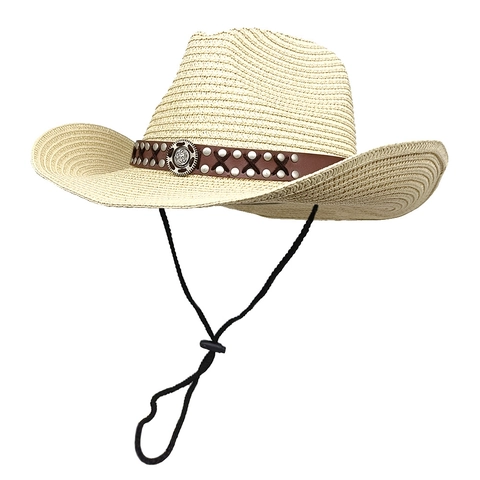 Western Cowboy Straw Hat Wide Brim Sun Protection For Women Summer Beach With Leather Band Rivets And Adjustable Wind Rope