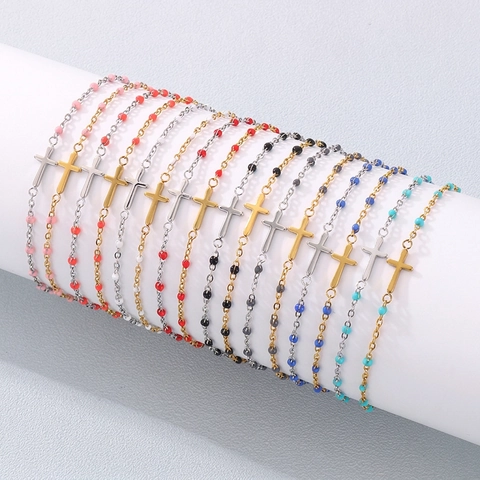 Pulsera De Cuentas Con Colgante De Cruz De Acero Inoxidable Cuentas De Resina Coloridas Joyas Religiosas Minimalistas Para Mujeres