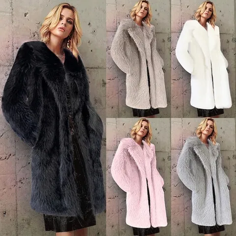 Women Faux Fur Coat Long Winter Warm Elegant Lapel Collar Solid Color Long Sleeve Plush Jacket Outerwear