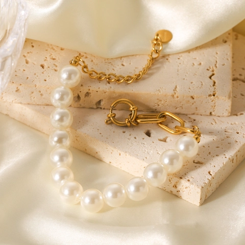 Bracciale Splicing Künstliche Perle Acciaio Inossidabile Placcato Oro 18K Fibbia Rotonda Geometrica Catena Croce Gioielli Eleganti Donna