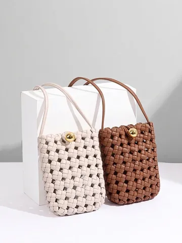 Bolso Bandolera Para Teléfono De Cuero PU Trenzado Para Mujer Mini Bolso De Hombro Con Cierre De Bola Dorada Retro Minimalista