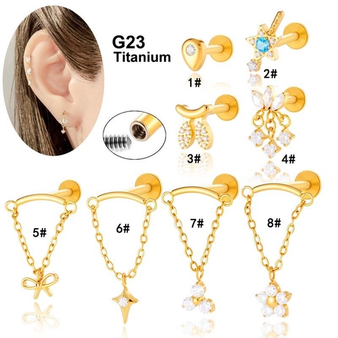 G23 Titanium Lip Ring Studs Zircon Internally Threaded Flat Back Chain Cartilage Earrings For Women Body Jewelry Luxury Piercing Accessories