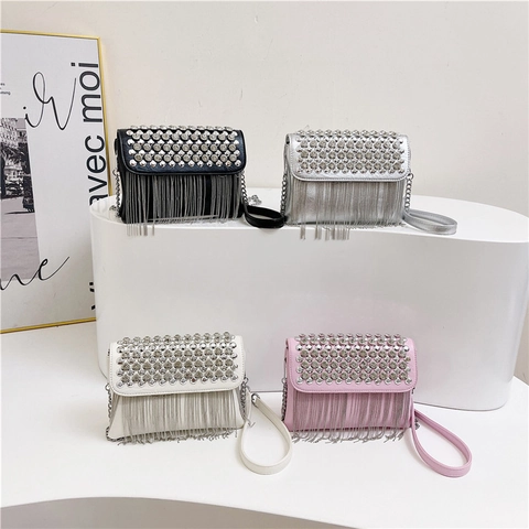 Trendy Rhinestone Tassel Women Crossbody Bag PU Leather Small Square Shoulder Bag With Metal Chain Strap For Party