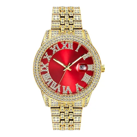 Orologio Al Quarzo Da Uomo Lusso Iced Out Strass Lega Acciaio Inossidabile Impermeabile Luminoso Data Numeri Romani Moda