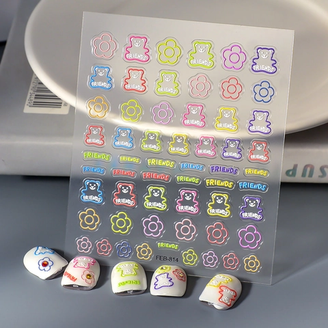 Nail Art Stickers 5D Embossed Decals Self Adhesive Waterproof Cartoon Bear Bunny Flower Designs For Women Girls Manicure