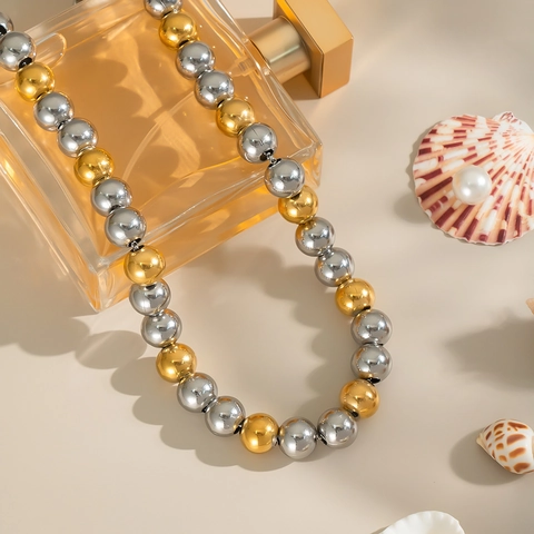 Collana Perline Rotonde Oro Argento Bicolore Acciaio Inossidabile Impermeabile Ipoallergenico Gioielli Moda Donna