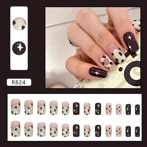 Press On Nails Cow Pattern Black Star Sparkles Medium Square Full Cover Artificial Fake Fingernails For Women Girls